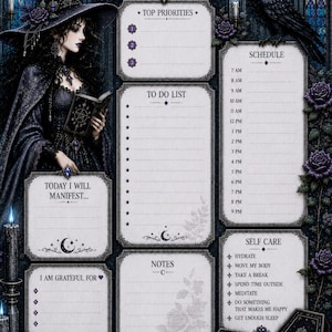 May include: Gothic-style daily planner featuring a witch illustration and sections for scheduling, notes, and self-care. Includes text: "Today I will manifest..." and "I am the architect of my fate, the witch of my soul."