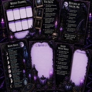 Könnte beinhalten: Eine Sammlung druckbarer Planerseiten in einem dunkelvioletten und schwarzen Gothic-Design. Das Set enthält einen Wochenplaner, Wissenswertes über Tarotkarten, Informationen zu den Hexenprozessen von Salem, Mondphasen und linierte Notizseiten.