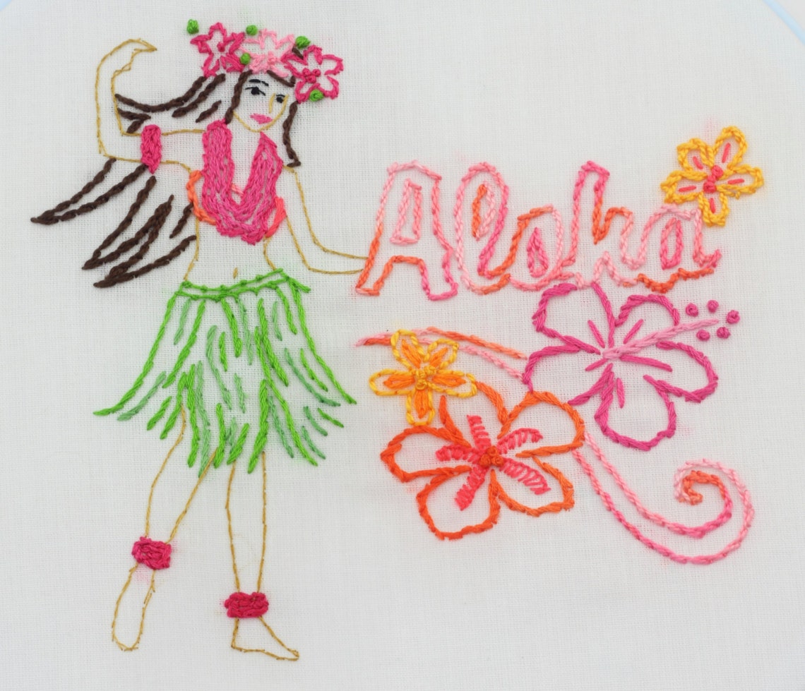 Hawaii Embroidery Design Aloha Luau Theme Hawaiian Hand Etsy
