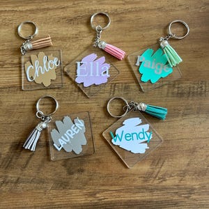 Personalised Name keyring with tassle | initial name | gift | present | teacher | friends | family | acrylic | party | stocking filler |