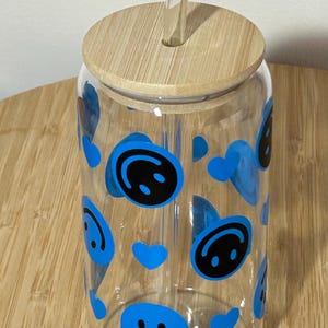 Personalised libbey cup  | smiley face | glass tumbler | tumbler with straw | glass coffee cup | cold cup | ice coffee | glass can | brides