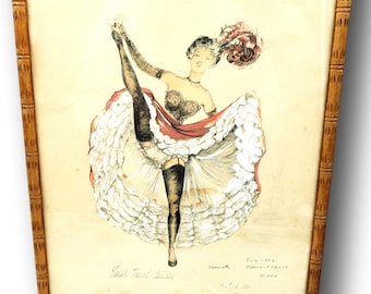 1956 Paris Can-Can Costume Design Sketch | Signed Janicotte | Framed Moulin Rouge Style Art