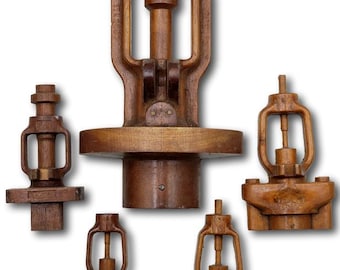 Modelli antichi per fonderia in legno Jenkins Bros. – Lotto di 5 – Stampi industriali per la fusione di valvole – Recupero originale di fabbrica