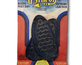 Cartello pubblicitario del 1937 per le suole U-Stik-On / Insegna Art Déco del negozio di scarpe Auburn Rubber