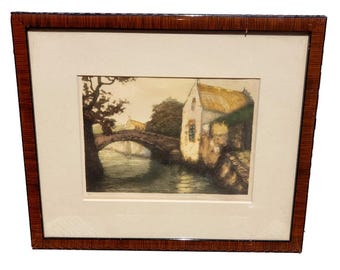 William Anderson Sherwood, signierte Farb-Aquatinta-Radierung, Brügge, Belgien, Kanalbrücke, gerahmt, Nr. 37, amerikanischer Grafiker