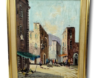Scena di strada europea vintage di metà secolo – Olio originale su tela – Paesaggio urbano incorniciato