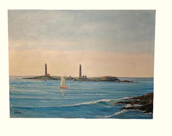 John Nesta Original Oil Painting Twin Lights 1998 | Signed Cape Ann Lighthouse Seascape 18 x 24 | Signed Artist Interview