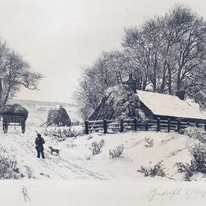 Grabado antiguo de una granja de invierno (prueba con remarque), enmarcado, de la galería Kobryner. Impresión de paisaje.