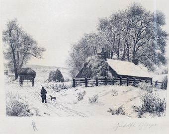 Vintage Winter Farm Etching Remarque Proof Framed Kobryner Gallery Landscape Print
