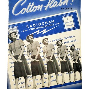 Puede incluir: Portada de revista vintage titulada "Cotton Flash!" con fondo azul y texto blanco. La portada presenta una fila de mujeres con vestidos y el texto "Radiogram Communications."
