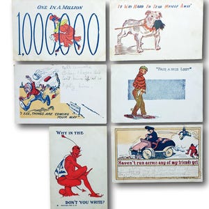 Lot of 6 Antique Comic Postcards – Humorous Early 1900s Gag Cards – 1908–1909 Used, Funny Sayings, Edwardian Era Humor