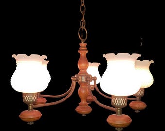 Vintage John C Virden 5 Licht Kronleuchter Milchglas Hobnail Shades Mid Century Deckenleuchte Arbeiten USA Made