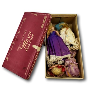 Vintage 1940s Dolls in Moc&#39;s Hand-Laced Shoe Box – Handmade Dresses, Sleep Eyes