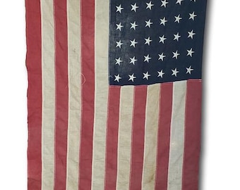 Bandera estadounidense antigua de 48 estrellas cosida a mano, 32x58 cm, de la época de la Segunda Guerra Mundial.