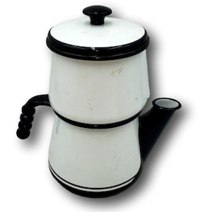 Vintage Volrath Enamelware Percolator: Cook King Ware Black & White Coffee Pot