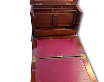 Antique Edwardian Mahogany Writing Slope Inlaid Desk Box With Key