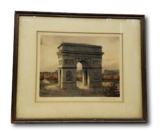 Acquaforte vintage dell'Arco di Trionfo di Parigi, colorata a mano e firmata a matita, con cornice raffigurante un paesaggio urbano francese.