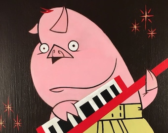 Key-tar! Original painting of an adorable synthesizer playing pig.