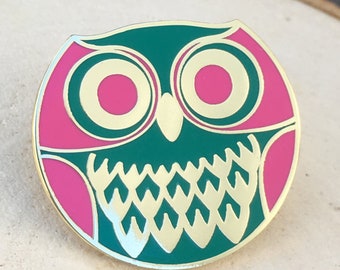 Owl Enamel Pin in Pink and Green