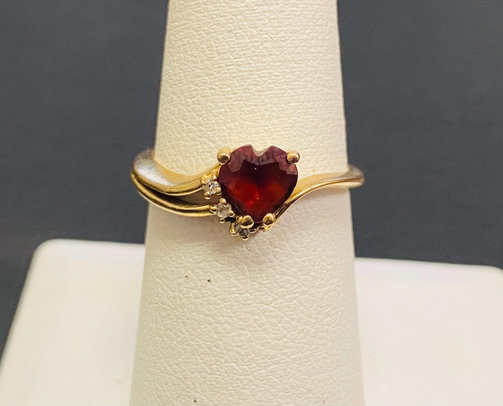 Certified 10k Gold Garnet And Diamond Ring - Heart-Shaped January Birthstone Ring For Women