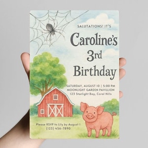 Charlotte’s Web Birthday Invitation | Watercolor Farm Party Invite, Printable Barnyard Kids Party Template, Classic Children's Book Invite