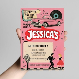 Grease Birthday Invitation | Retro Rock and Roll Party Invite, Grease Lightning Theme, Summer Nights, Grease Invite, Grease party invite