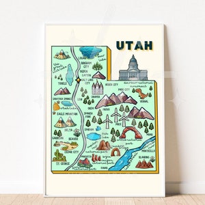 Utah State Map | Cartoon Map of Utah, Utah Map Digital Print, Utah Illustrated Map, Utah Poster, State Souvenir, Salt Lake City, Utah art