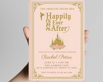 Sprookjesachtige vrijgezellenfeestuitnodiging | Kasteelthema Happily Ever After, roze en gouden uitnodiging in boekstijl, uitnodiging magisch sprookje