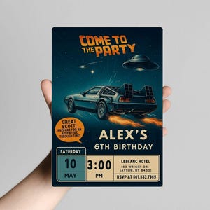 Invitación de cumpleaños de Regreso al futuro / Invitación para fiesta retro con DeLorean, imprimible para cumpleaños infantil con temática de película de los 80, Great Scott, invitación BTTF