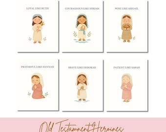May include: Set of six nursery art prints featuring illustrations of Old Testament heroines. Each print displays a different heroine with a descriptive phrase: Loyal Like Ruth, Courageous Like Miriam, Wise Like Abigail, Prayerful Like Hannah, Brave Like Deborah, and Patient Like Sarah.