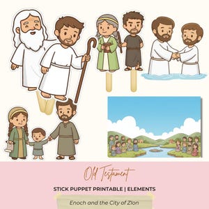 May include: A collection of Old Testament stick puppet printables. The image features various cartoon characters, including figures with beards and robes, and a landscape scene with a river. The text "Old Testament" is displayed in a decorative font.