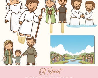 May include: A collection of Old Testament stick puppet printables. The image features various cartoon characters, including figures with beards and robes, and a landscape scene with a river. The text "Old Testament" is displayed in a decorative font.