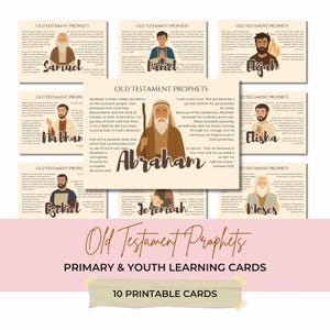 Puede incluir: Un conjunto de 10 tarjetas imprimibles de aprendizaje de los profetas del Antiguo Testamento. Cada tarjeta presenta un retrato de un profeta, su nombre y una breve descripción. Las tarjetas están diseñadas para el aprendizaje primario y juvenil.
