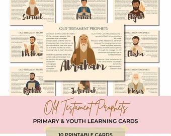May include: A set of 10 printable Old Testament Prophets learning cards. Each card features a portrait of a prophet, their name, and a brief description. The cards are designed for primary and youth learning.