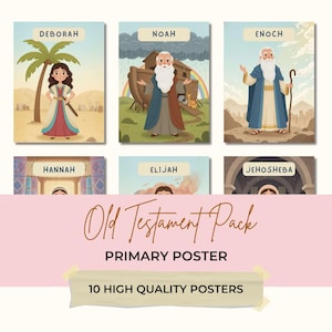 Puede incluir: Un conjunto de 10 carteles de alta calidad con ilustraciones de figuras del Antiguo Testamento. Los carteles incluyen imágenes de Débora, Noé, Enoc, Ana, Elías y Josaba. También se muestran las palabras "Old Testament Pack" y "Primary Poster".
