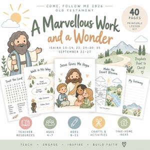 Könnte beinhalten: Ein 40-seitiges druckbares Unterrichtsset mit dem Titel A Marvellous Work and a Wonder für den 21.-27. September. Es enthält Illustrationen einer bärtigen Figur, Jesus mit Kindern und verschiedene Arbeitsblätter, darunter Wortsuchrätsel, Ausmalbilder und Zeugnisvorlagen mit Texten wie Walk in His Way, Jesus Gives Me Hope und Make the Desert Blossom.