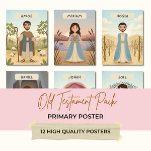 Puede incluir: Seis carteles ilustrados con figuras bíblicas, incluyendo a Amós, Miriam y Oseas, con sus nombres mostrados arriba. Los carteles son parte de un "Pack del Antiguo Testamento" y están etiquetados como "Carteles Primarios" con una nota que indica "12 Carteles de Alta Calidad."