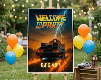 Terug naar de toekomst verjaardagswelkomstbord | Afdrukbare feestposter, retro thema jaren 80 tijdreizen, DeLorean-decor, bttf-sintrabord