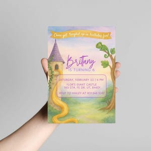 Modelo editável de convite de aniversário da Rapunzel | Convite para festa da Torre dos Enrolados, Cartão de aniversário de princesa de conto de fadas, Convite de aniversário de princesa
