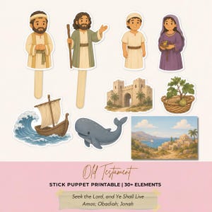 May include: A collection of Old Testament stick puppets and illustrations including figures in robes, a stone gate, a basket of figs, a wooden boat on waves, a whale, and a coastal village scene with the text Old Testament STICK PUPPET PRINTABLE.