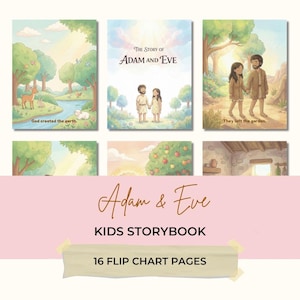May include: A children's storybook titled "Adam & Eve" with illustrations. The cover art depicts scenes from the biblical story, including Adam and Eve in the garden and leaving it. The book has 16 flip chart pages. The text "God created the earth" is visible.