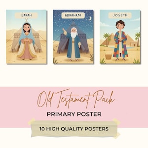 Puede incluir: Conjunto de tres carteles ilustrados con las figuras bíblicas Sara, Abraham y José. Cada cartel tiene un fondo azul claro con escenas del desierto y de la noche. También se muestra el texto "Old Testament Pack" y "10 High Quality Posters".
