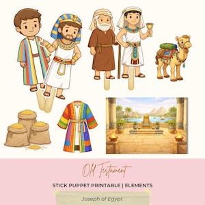 May include: A collection of colorful, cartoon-style illustrations featuring characters and elements from the Old Testament. Includes stick puppets of figures in robes, a camel, sacks of grain, and a scenic background with pyramids. The text "Old Testament" is also present.