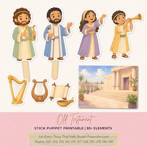 Può includere: Un set di marionette su bastoncino stampabili sull'Antico Testamento con quattro figure, due arpe, un rotolo, una lampada a olio e una scena del tempio. Il testo include Old Testament, Stick Puppet Printable, 30+ Elements e Let Every Thing That Hath Breath Praise the Lord.