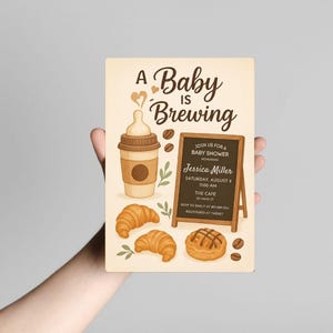 A Baby is Brewing Baby Shower Invite | Cafe Theme Baby Shower Invitation, Croissant and Coffee Invite
