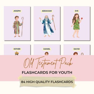 Puede incluir: Tarjetas didácticas para niños con ilustraciones de figuras del Antiguo Testamento, como José, Abraham y Eva. Las tarjetas tienen un fondo morado claro con texto amarillo. El texto "Old Testament Pack" y "84 High Quality Flashcards" también son visibles.