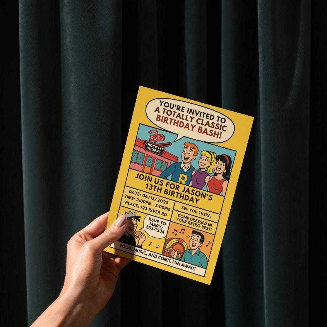 Retro Archie Comics Birthday Invitation – 1950s Comic Book Party Invite ...