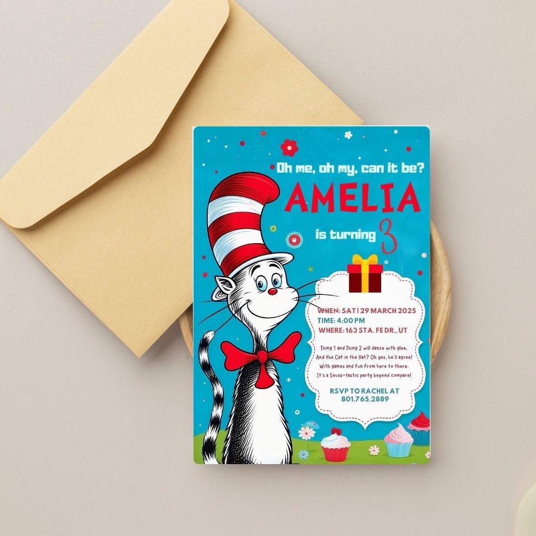 Seuss Cat in the Hat Birthday Invitation Seuss Party Invite