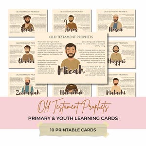 Puede incluir: Juego de 10 tarjetas imprimibles de aprendizaje de los profetas del Antiguo Testamento para la educación primaria y juvenil. Cada tarjeta presenta un retrato de un profeta, información clave y referencias bíblicas.