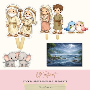 May include: A collection of Old Testament stick puppet printables featuring characters and animals from the story of Noah's Ark. Includes illustrations of people, birds, and elephants, along with a watercolor painting of a stormy sea.